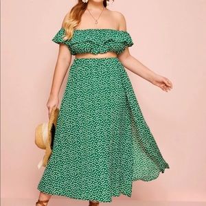 Daisy floral print off shoulder top split skirt